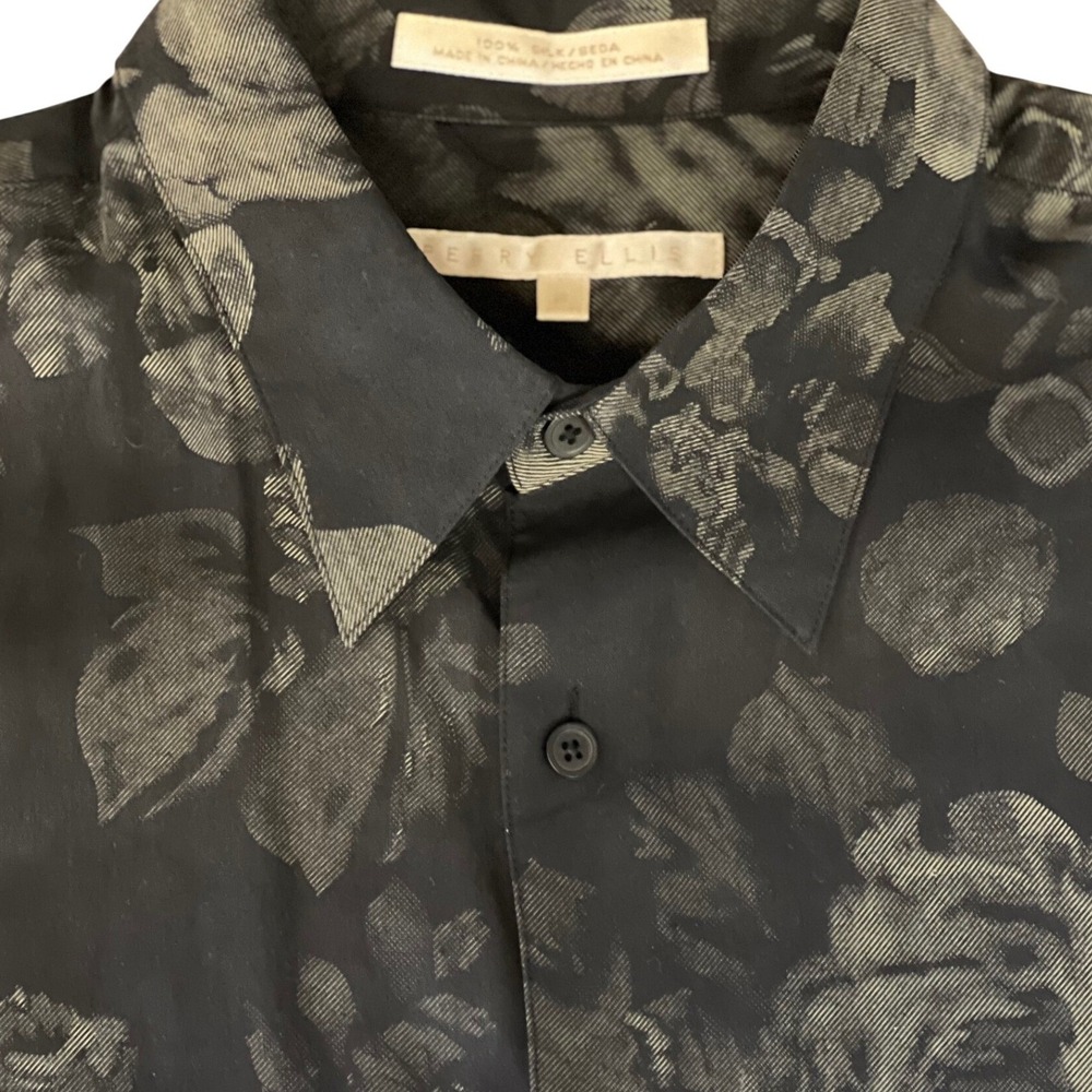 Perry Ellis Mens XL 100% Silk Black Floral Button Down Shirt MK2990 Short Sleeve